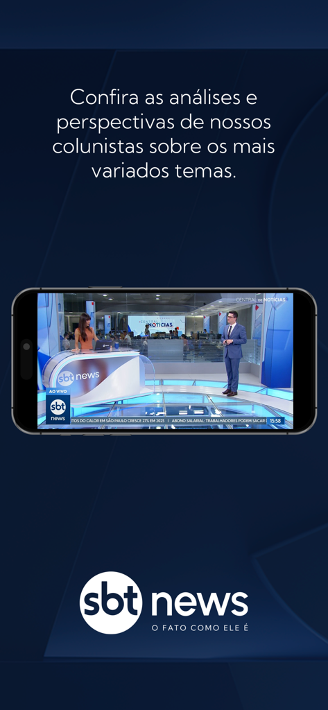 SBT News - Interfaz de la aplicación SBT News mostrando una transmisión de estudio de noticias con presentadores y texto de análisis de noticias.