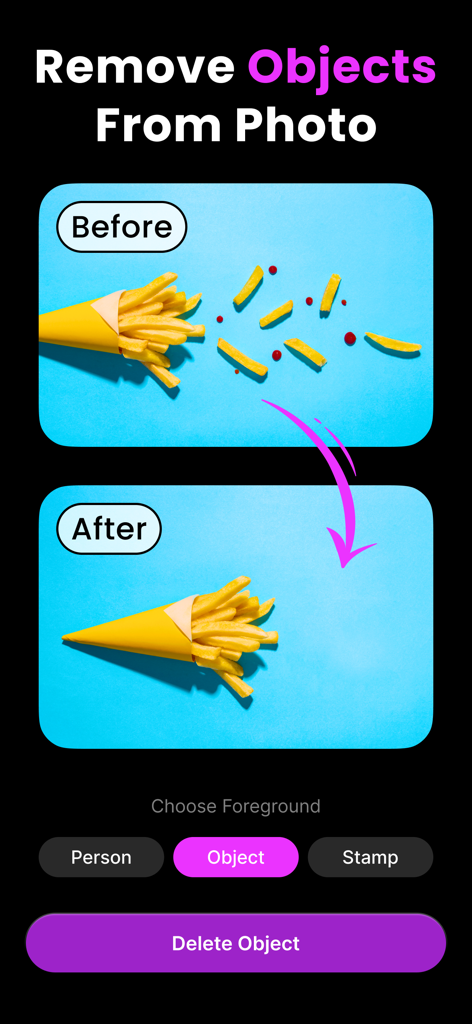 Magic Eraser: Remove Objects - Before and after comparison of a photo where scattered fries and ketchup dots are removed using an AI editing tool