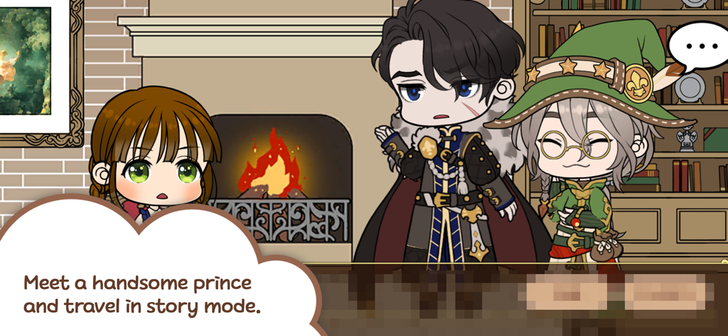 Character Life: Anime Dress up - Drei Anime-Charaktere, darunter ein Prinz und ein Zauberer, in einem gemütlichen Raum mit Kamin