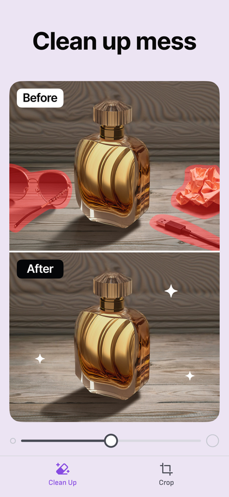 消しゴムツールを使用して、サングラスやケーブルなどの乱雑なオブジェクトの削除を示す写真のビフォーアフター比較