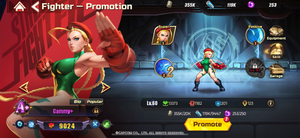 Street Fighter Duel - Idle RPG - Pantalla de promoción de personaje para Cammy en Street Fighter Duel mostrando estadísticas de nivel sesenta y botón de mejora
