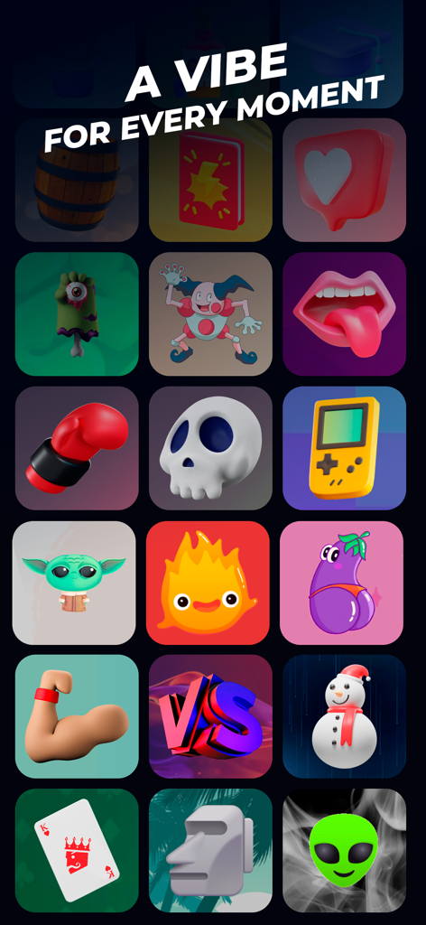 Tomanji · Party game - A grid of colorful pop culture icons representing different game modes in the Tomanji party app with the text A Vibe For Every Moment.