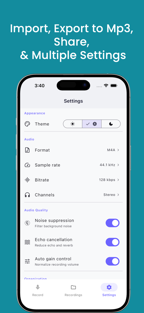 EchoNote app settings screen showing options for audio format bitrate and noise suppression