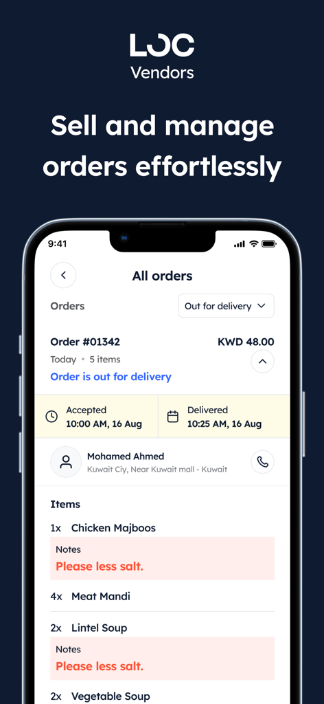 Captura de pantalla de la app LOCALS Vendor mostrando una lista detallada de pedidos de clientes con artículos y estado de entrega