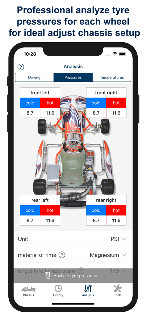 Reifenluftdruckanalyse-Bildschirm in der Kart Chassis Setup PRO App mit Kalt- und Warmdaten für jedes Rad auf einem Go-Kart-Diagramm.