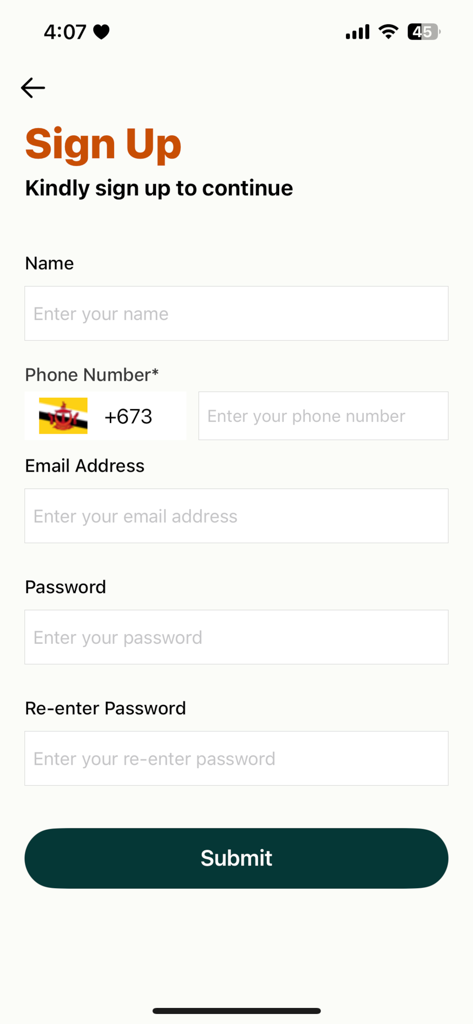 WOWFlexi - WOWFlexi registration screen with fields for user name phone number email and password