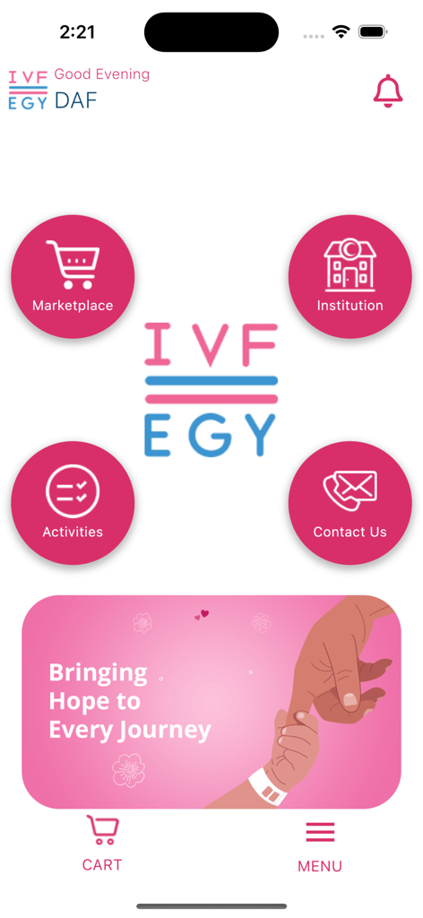 IVF EGY - IVF EGY mobile app home screen showing marketplace and fertility support services