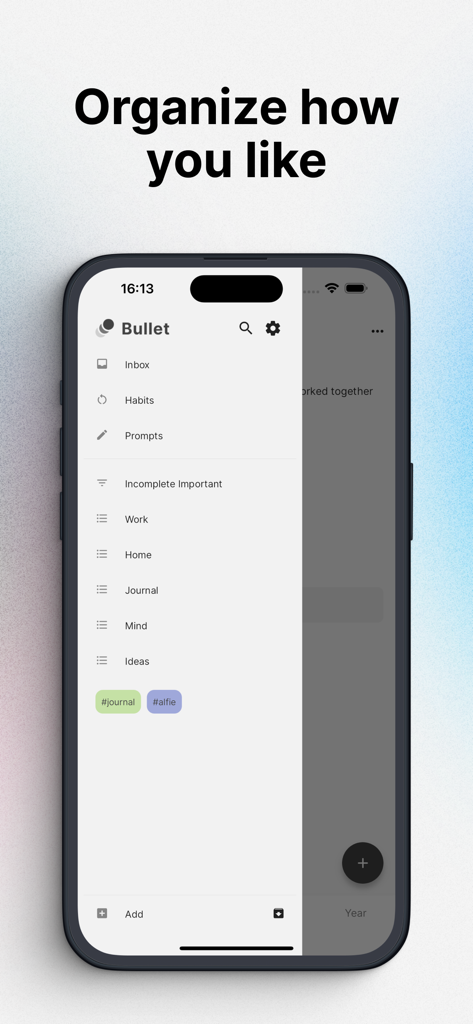 Menú de la barra lateral de la aplicación Bullet journal que muestra categorías personalizables como Hábitos, Indicaciones y Diario para la organización personal.
