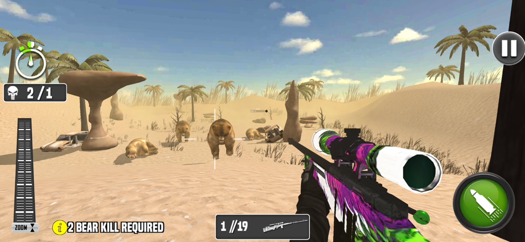 Sniper Shooter 3D :Deer Hunter - Vista en primera persona de un rifle de francotirador apuntando a osos en un entorno desértico