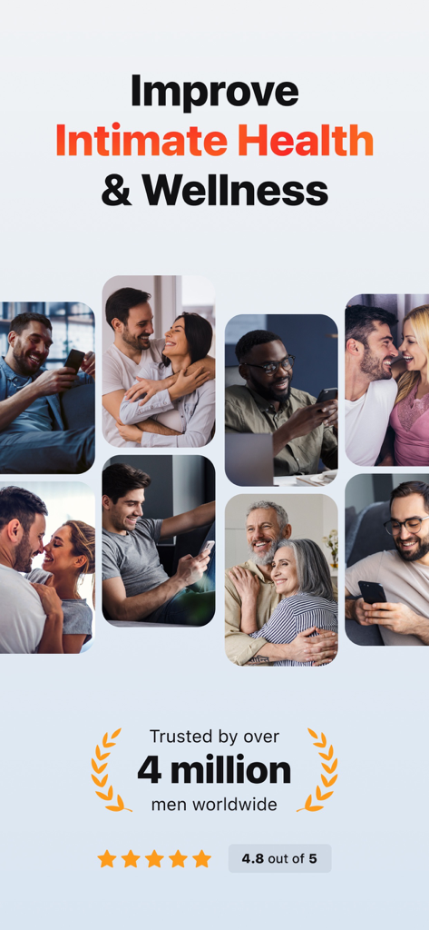 Dr. Kegel: For Men’s Health - Écran promotionnel de l'application Dr. Kegel montrant des hommes et des couples heureux avec une note de 4,8 étoiles et plus de 4 millions d'utilisateurs dans le monde.