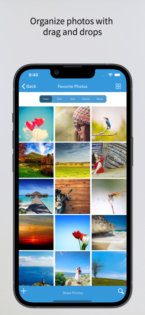 Photo Album Cloud Vault app interface showing an organized grid of favorite photos with drag and drop functionality