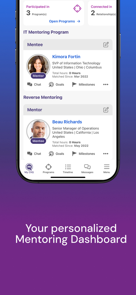 MentorcliQ - Personalized mentoring dashboard in the MentorcliQ app displaying mentor and mentee profiles for corporate programs