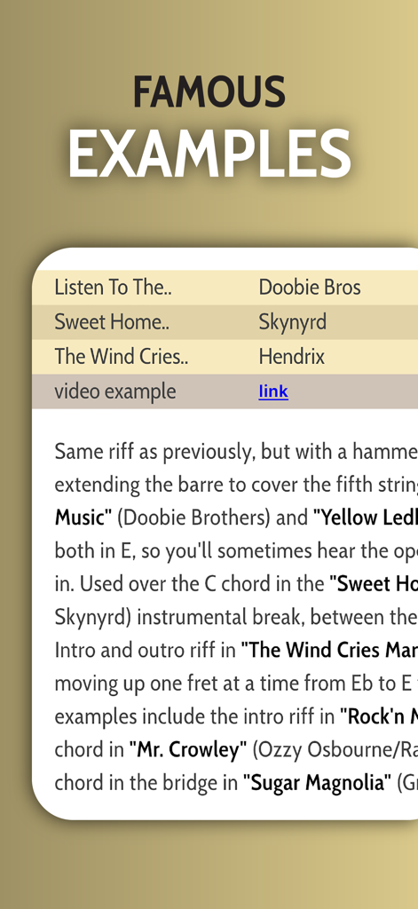 Eine Liste berühmter Rocksong-Beispiele und Riff-Beschreibungen in der Gitarren-App 'Die Bausteine des Rock'.