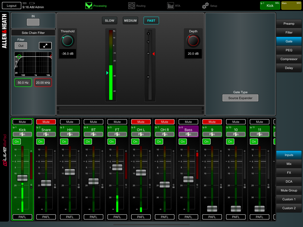 Professional audio mixing interface on the dLive MixPad app showing gate settings and channel strips.