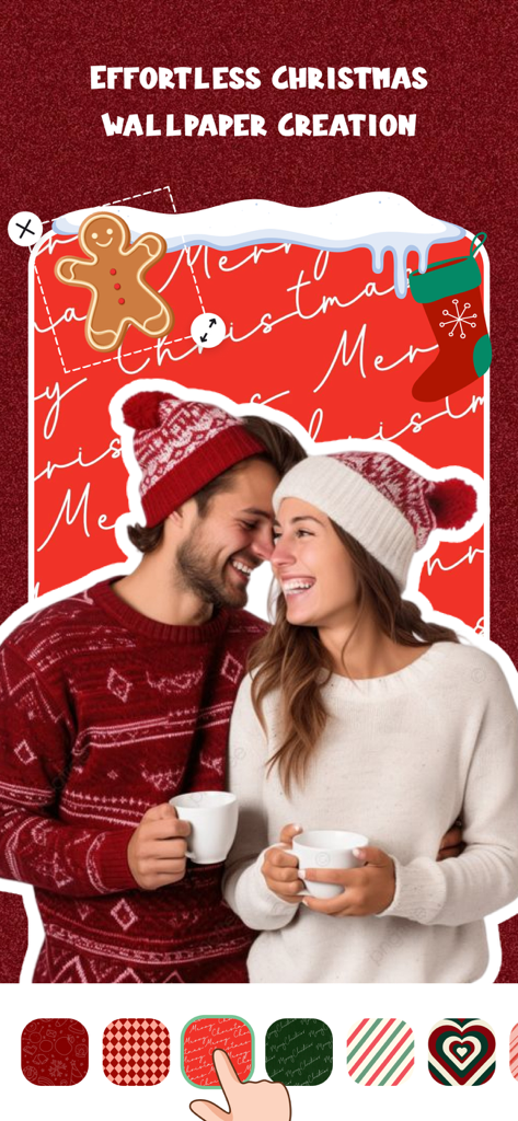 Colliz – DIY Wallpaper Craft - Interfaccia dell'app Colliz che mostra la creazione di sfondi natalizi DIY con adesivi e una foto di una coppia