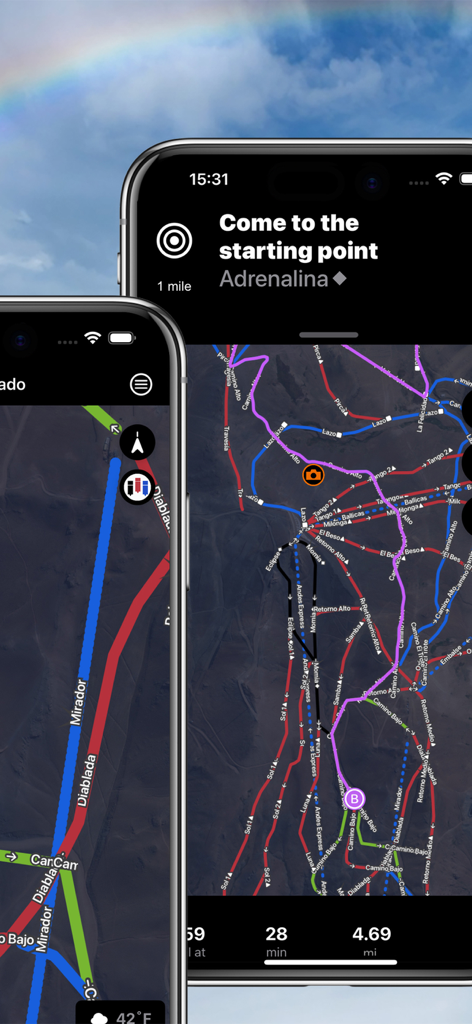 Valle Nevado Ski - Valle Nevado Ski app interface showing detailed ski trail maps and navigation directions on a smartphone.
