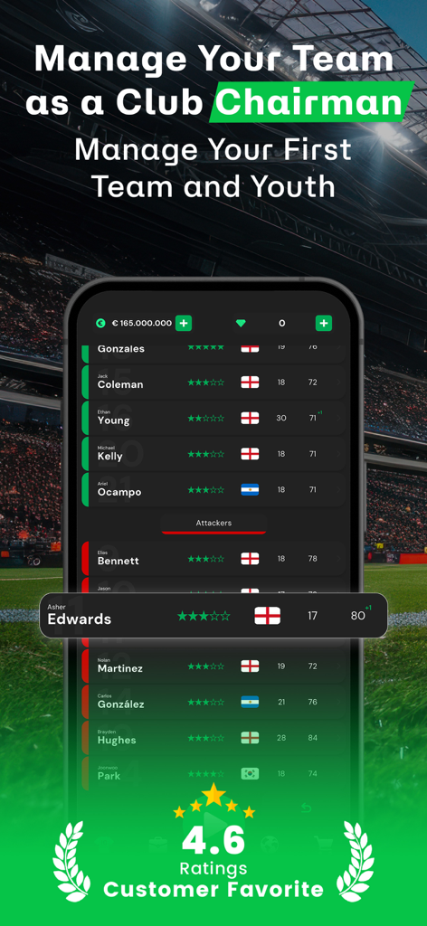 Club Chairman - Football Game - Pantalla de gestión de plantilla en Club Chairman que muestra las valoraciones de los jugadores y la lista del equipo