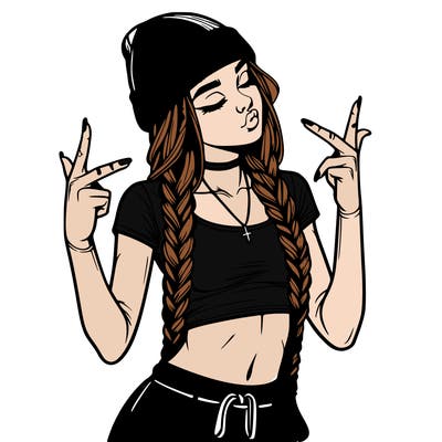 realistic teenage girl with braids and a beanie and crop top doing 🫶🏼