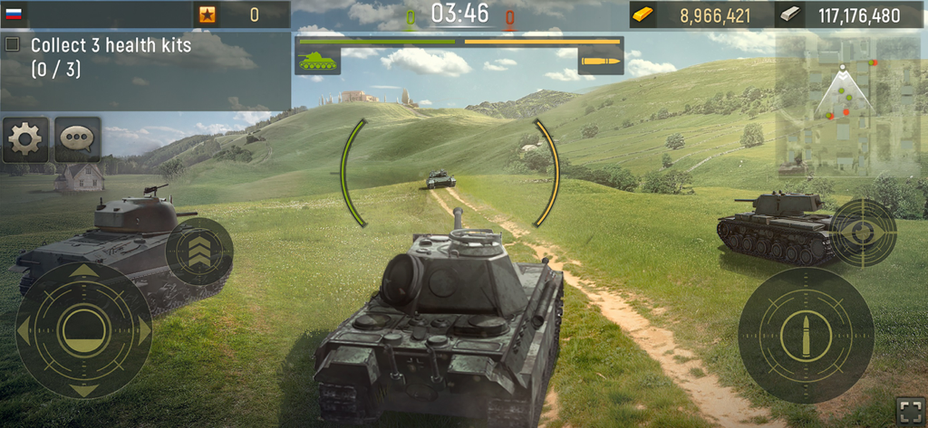 Gameplay screenshot showing a 3D tank battle in a grassy mountain environment with on-screen interface and quest objectives.