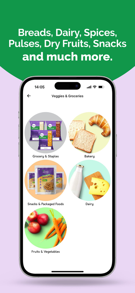 FreshToHome mobile app interface displaying various grocery categories including dairy, bakery, snacks, and fresh vegetables.