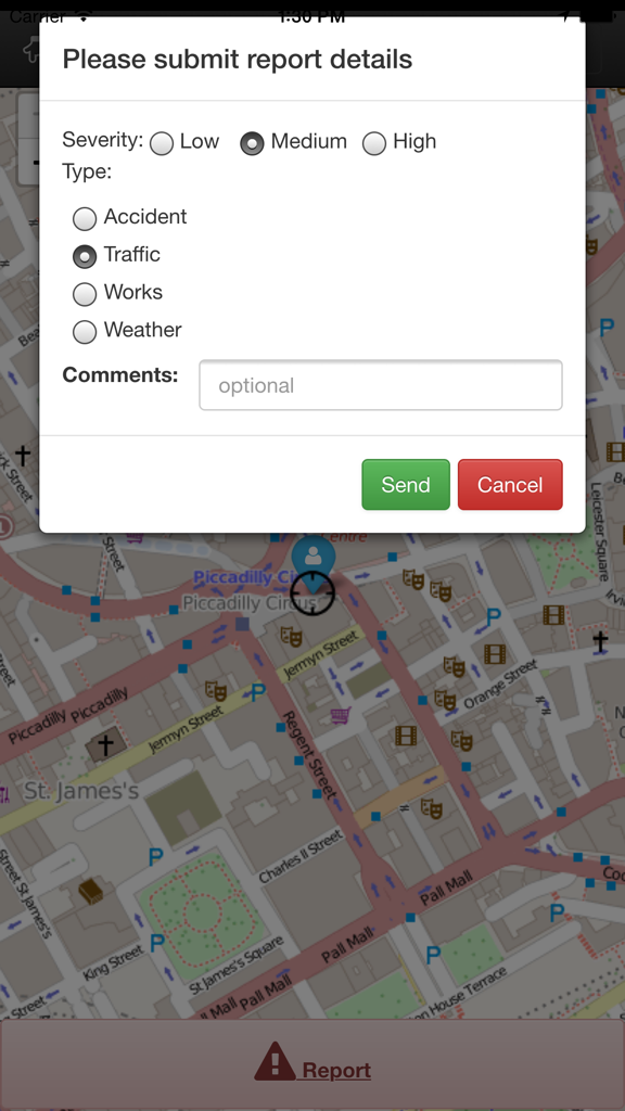 Live Traffic Reporter - User interface for submitting a traffic or accident report with severity levels on a map
