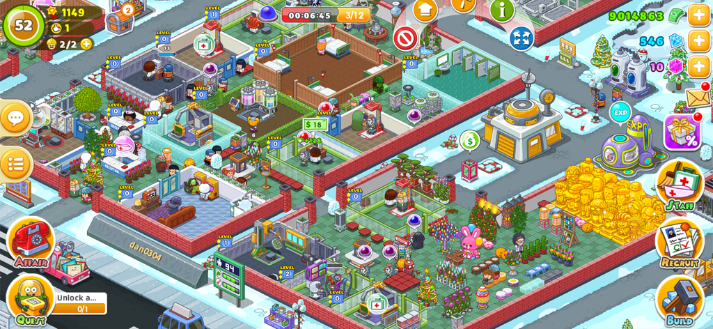 Fun Hospital - Tycoon is back - Vista isométrica de un colorido juego de gestión hospitalaria con simpáticos personajes y salas personalizadas
