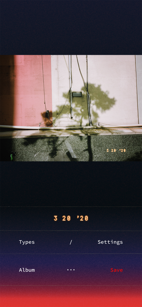 Filmlike Date Stamp - Interface de l'application montrant une photo style vintage avec un tampon de date de film orange classique et un menu d'édition.