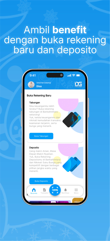 DG by Bankaltimtara - Mobile app interface of DG by Bankaltimtara showing options for opening new savings and deposit accounts online.