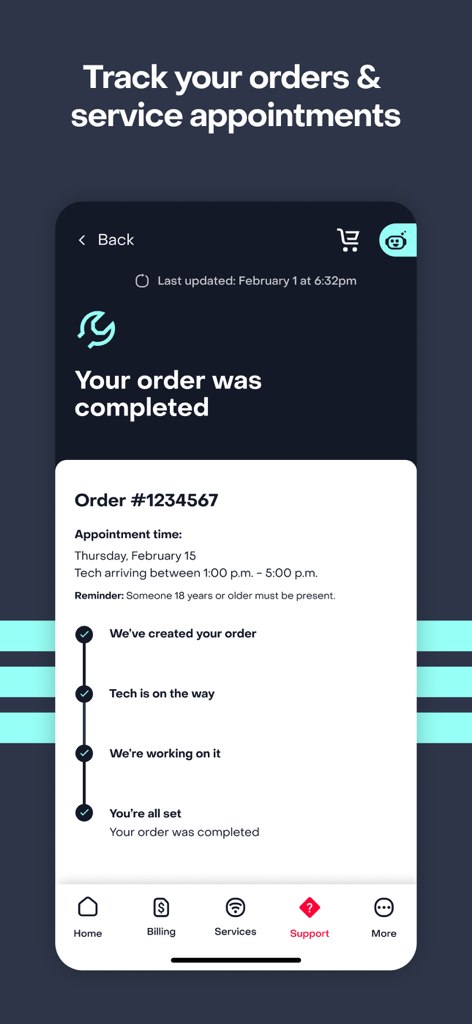 MyFrontier app interface showing order status and service appointment details