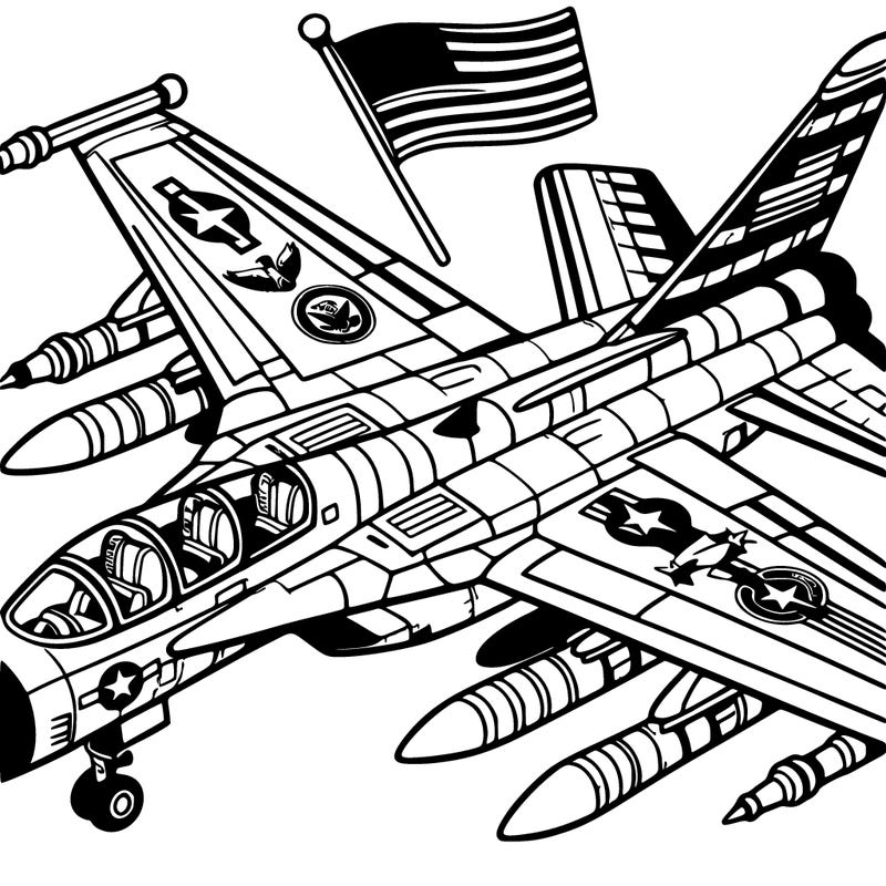 a jet painted with military insignia and flags.