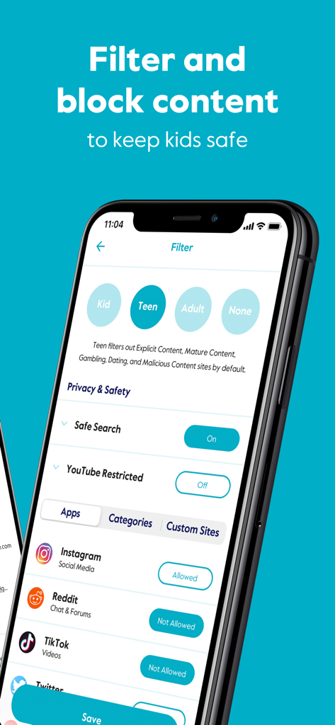 Circleアプリのインターフェース。InstagramやTikTokなどのソーシャルメディア向けの年齢ベースのコンテンツフィルターとアプリブロックオプションが表示されています。