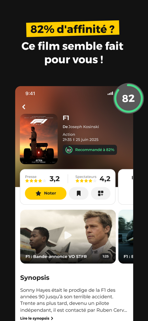 AlloCine app interface displaying a personalized movie recommendation with an 82 percent affinity score