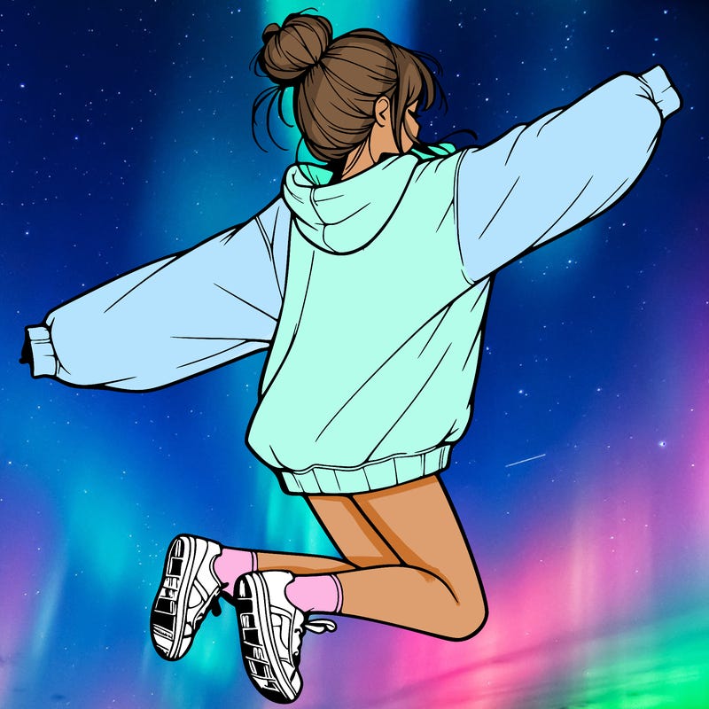realistic girl jumping with a bun and oversized sweatshirt