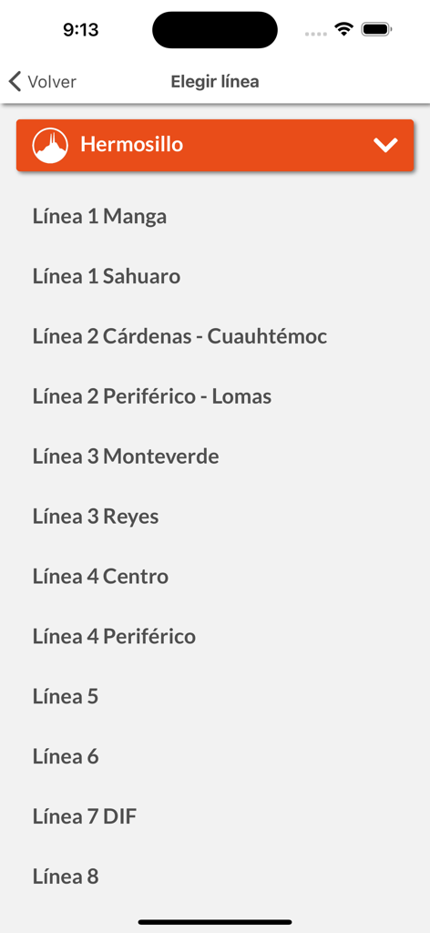 UNE Transporte Sonora - Lista de rutas de autobús disponibles para Hermosillo en la aplicación móvil UNE Transporte Sonora