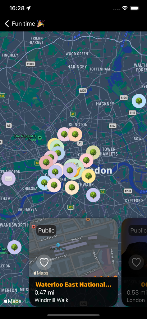 A map interface in the Cruising app showing location markers for gay hangouts in London.