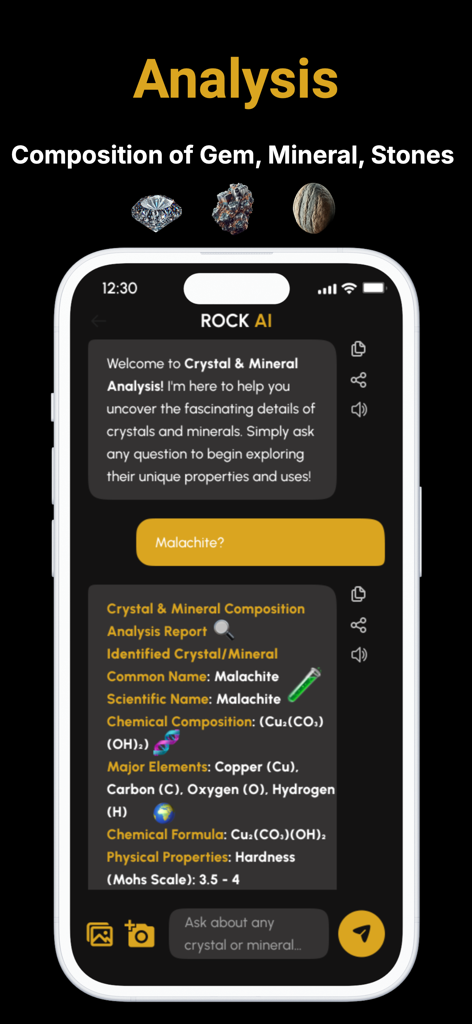 Stone Gem & Crystal Identifier - AI chat interface in the Stone Gem and Crystal Identifier app showing a detailed mineral composition analysis report for Malachite.