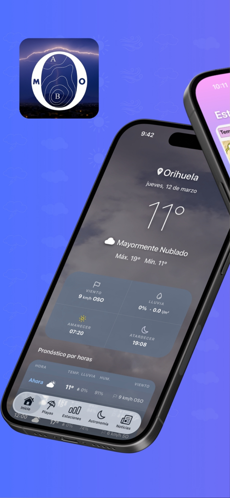 MeteOrihuela mobile App-Bildschirm mit aktueller Temperatur und stündlicher Vorhersage für Orihuela, Spanien.