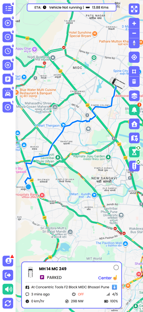 GPS India - Real-time vehicle tracking map on the GPS India app interface showing a parked fleet asset in Pune.