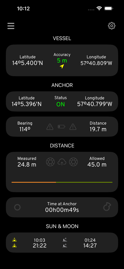 Anchor Plus - Anchor Plus app dashboard displaying vessel coordinates and anchor alarm status