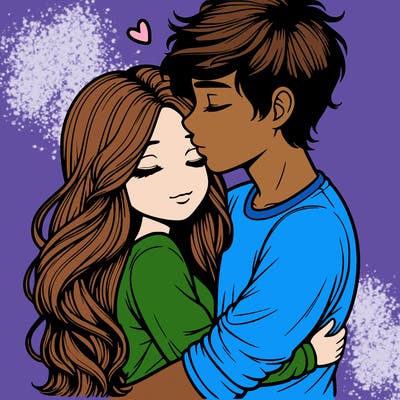 a realistic couple boy and girl hugging and kissing