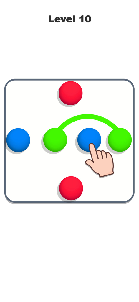 ボールコネクトパズル レベル10のゲームプレイ画面。ミニマリストのボード上で、色付きのドットが線で繋がれている様子。