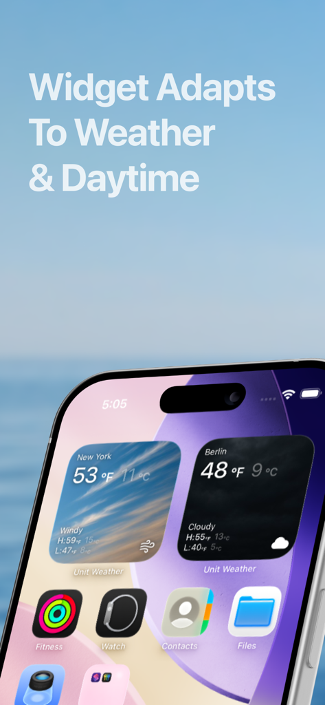 iPhone home screen displaying two Unit Weather widgets for New York and Berlin showing temperatures in both Fahrenheit and Celsius.