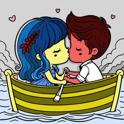 a girl and a boy on a boat kissing