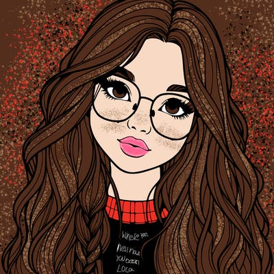 girl with long hair and freckles and glasses realistic