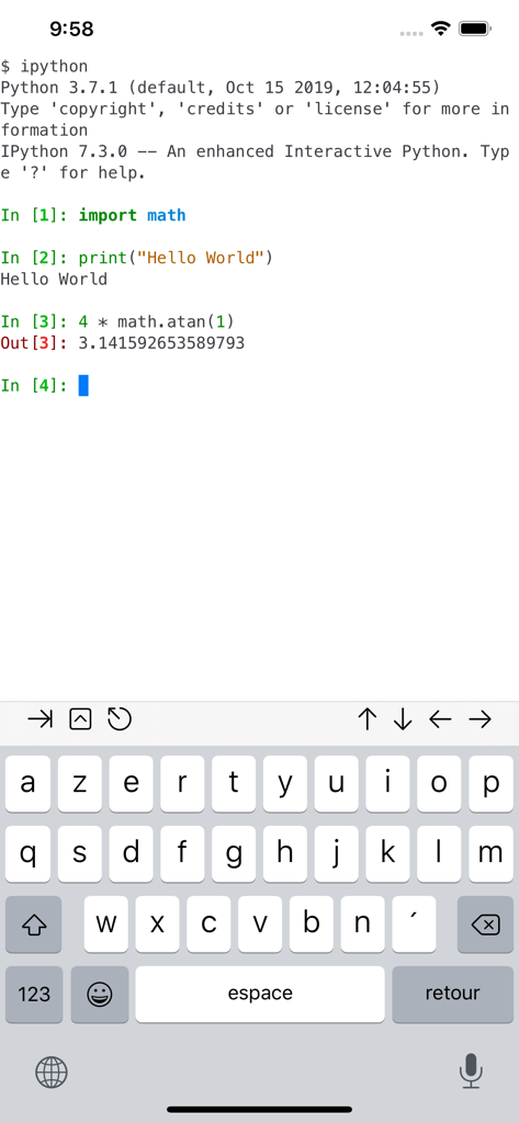 a-Shell mini - A-Shell mini terminal emulator interface running an interactive IPython session with Python code on an iPhone