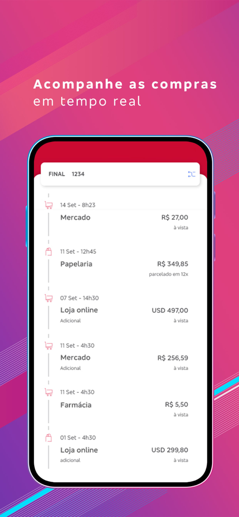 Interface of Bradesco Cartões app displaying a real-time transaction history with purchases in BRL and USD