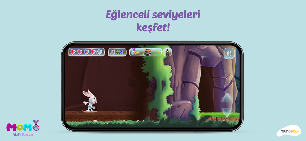 TRT Çocuk Akıllı Tavşan - Gameplay of TRT Cocuk Akilli Tavsan featuring a white rabbit on a skateboard exploring levels