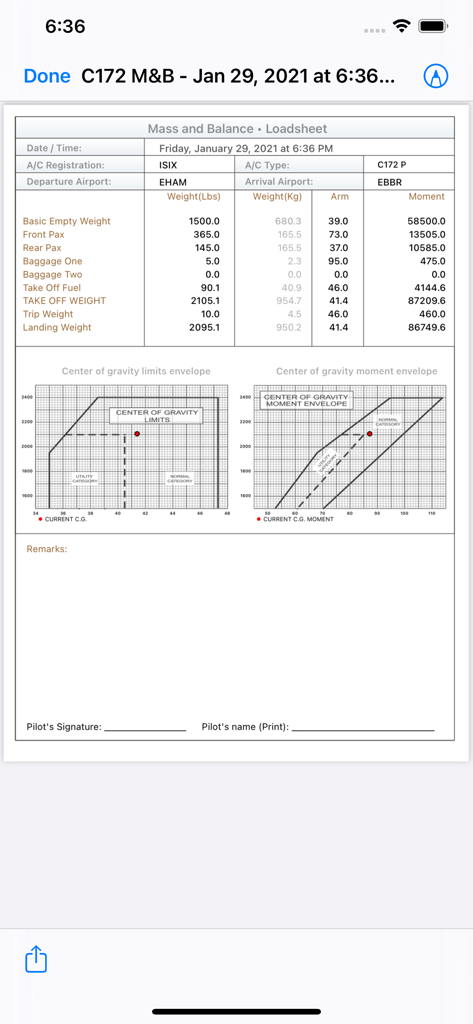C172 M&B Mobile - Foglio di carico di massa e bilanciamento del Cessna 172 con grafici del centro di gravità