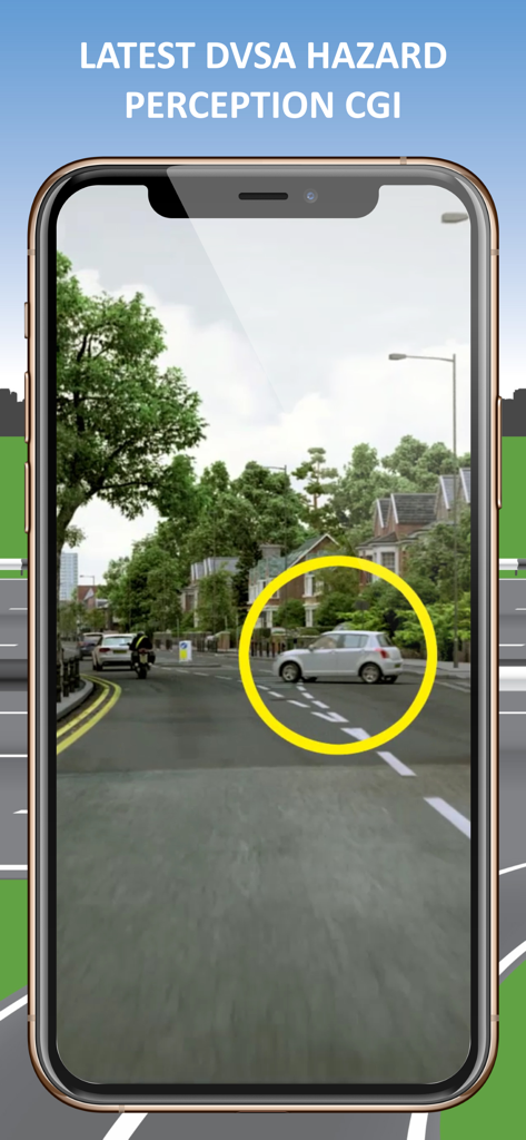 2026 HGV & LGV Theory Test Kit - A smartphone screen showing a DVSA hazard perception CGI clip with a car highlighted in a yellow circle on a residential road