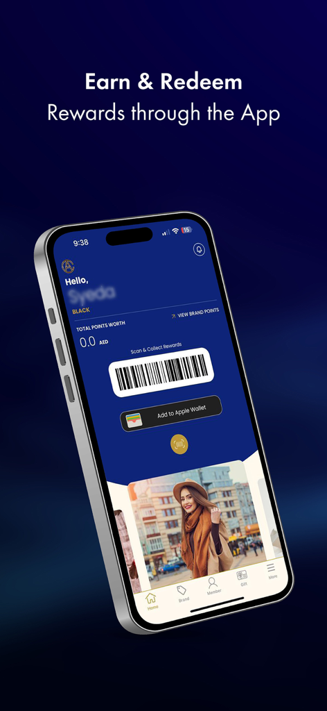 Club Apparel app interface showing loyalty points and rewards barcode